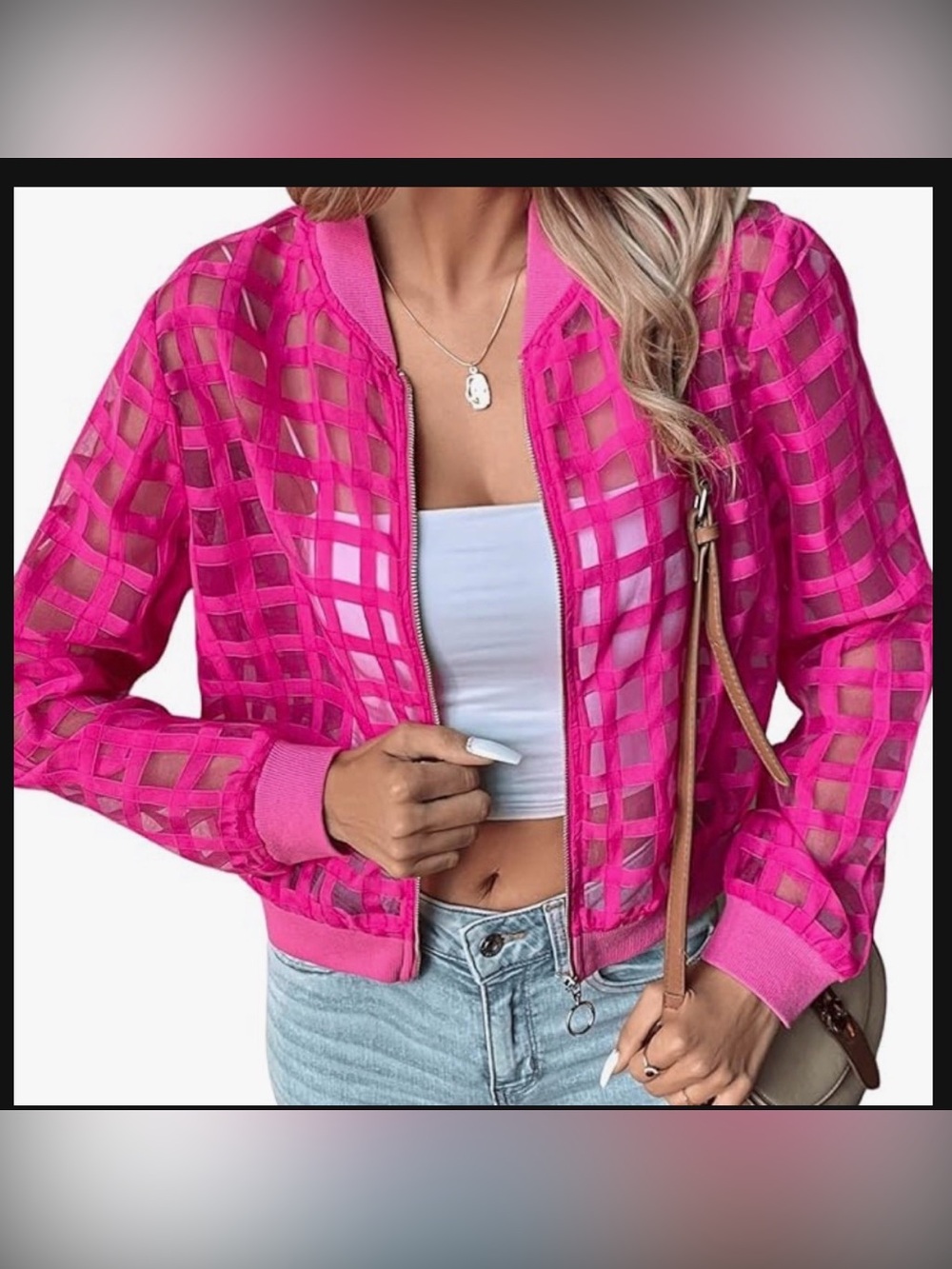 Women's Hot Pink Sheer Check Bomber Jacket